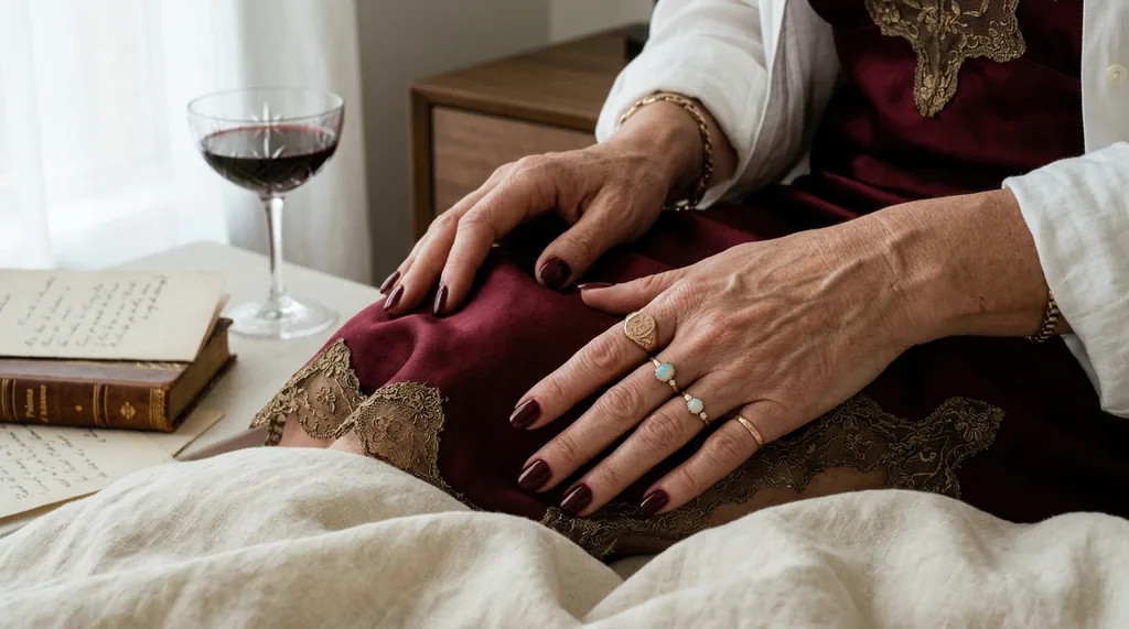 Main féminine mature sur lingerie grenat et lin écru — tel rose mature Mathilde Perpignan